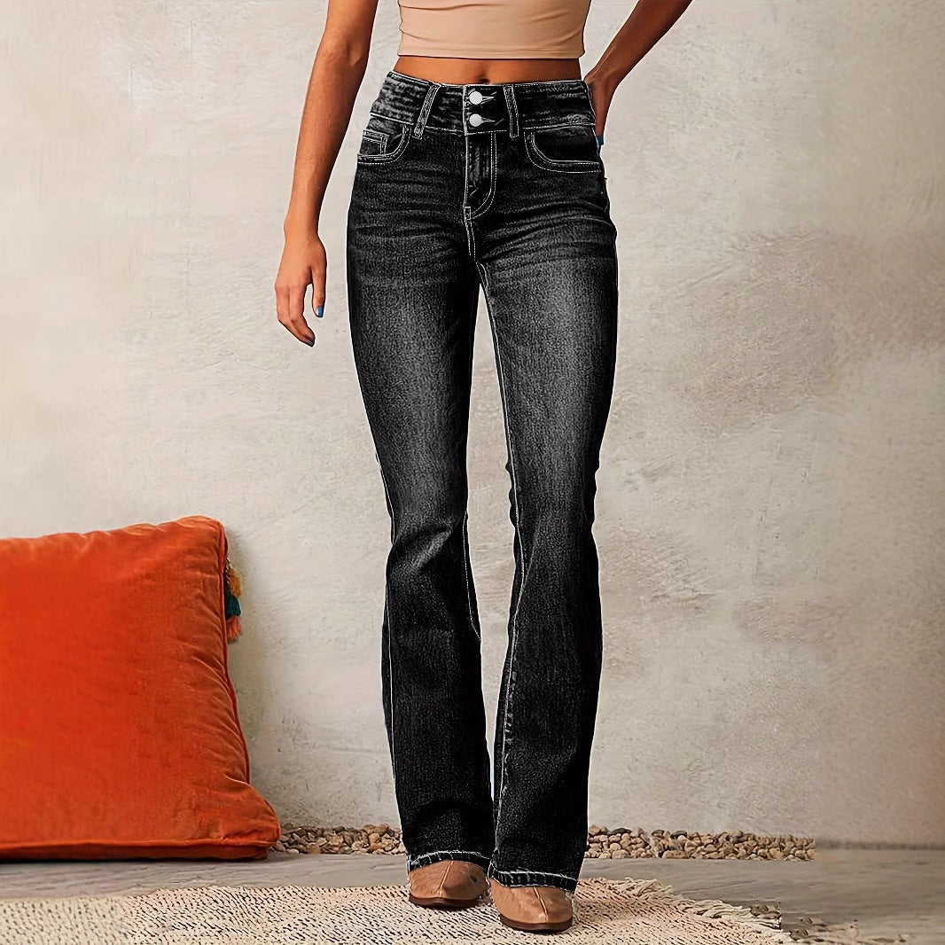Effortless Black Jeans for Women with High Waist Relaxed Bootcut Flare Washed Style