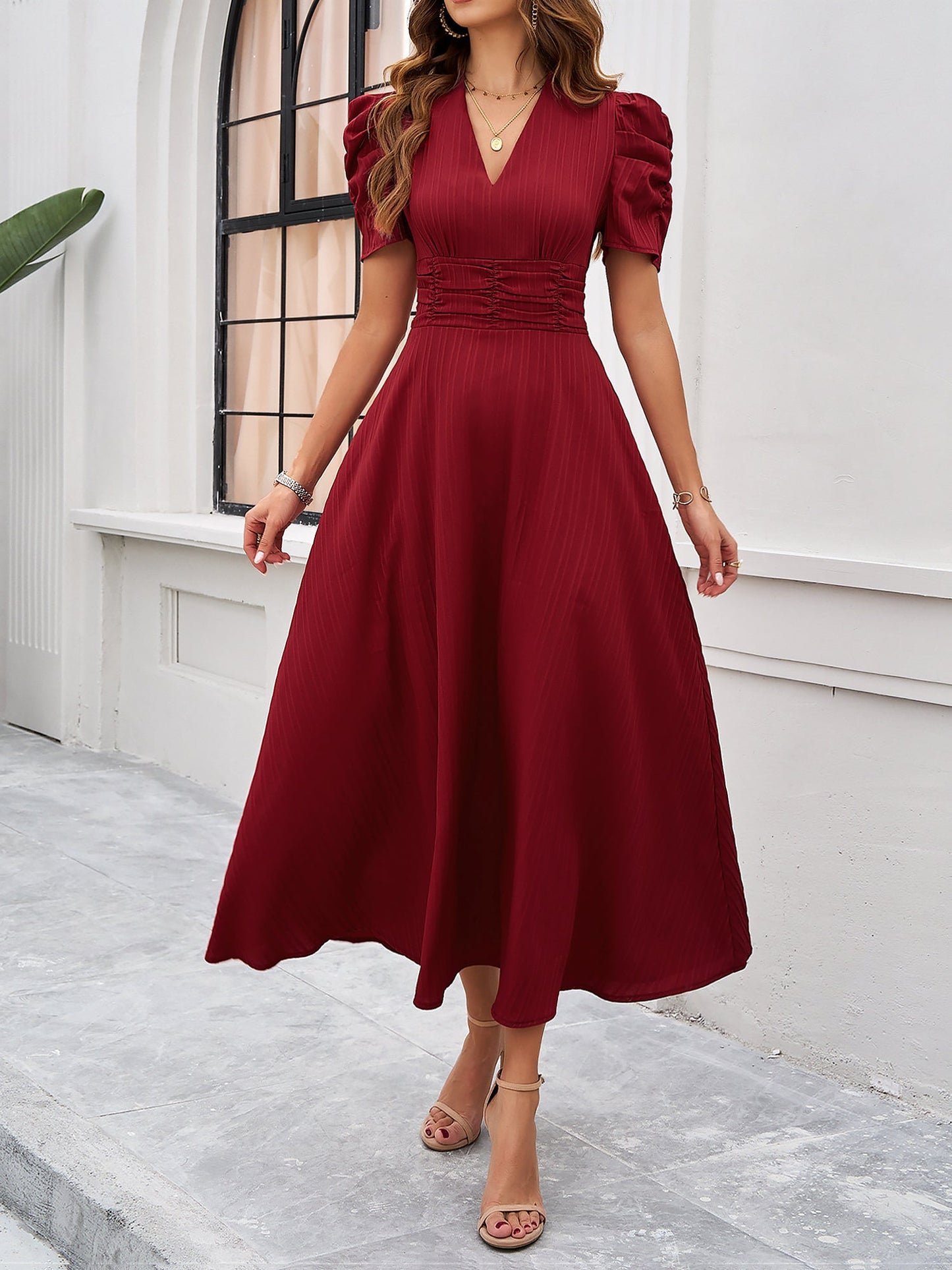 Elegant Red Dress for Women with V Neck Puff Sleeve Wrap Midi Style