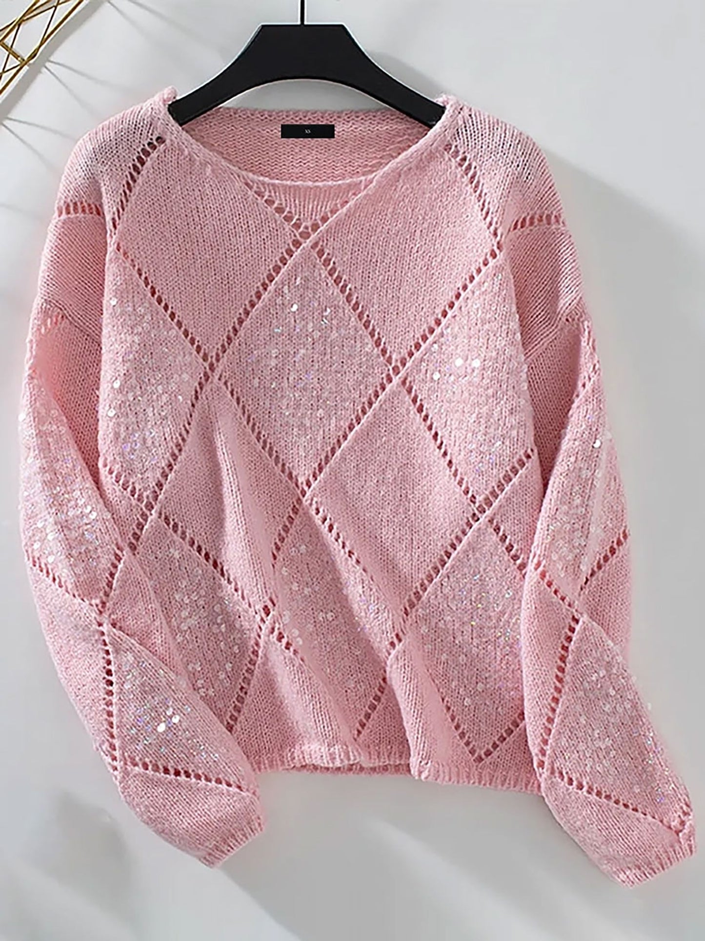 Comfortable Sequin Knit Sweater for Women with Crew Neck Diamond Pattern Sparkle Style