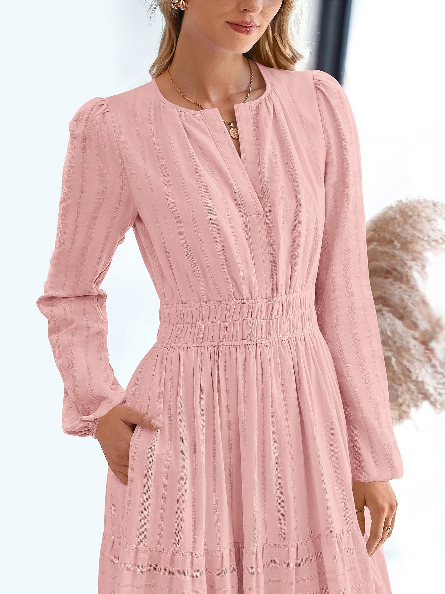 Elegant Pink Dress for Women with V Neck Long Sleeve Tiered Maxi Style