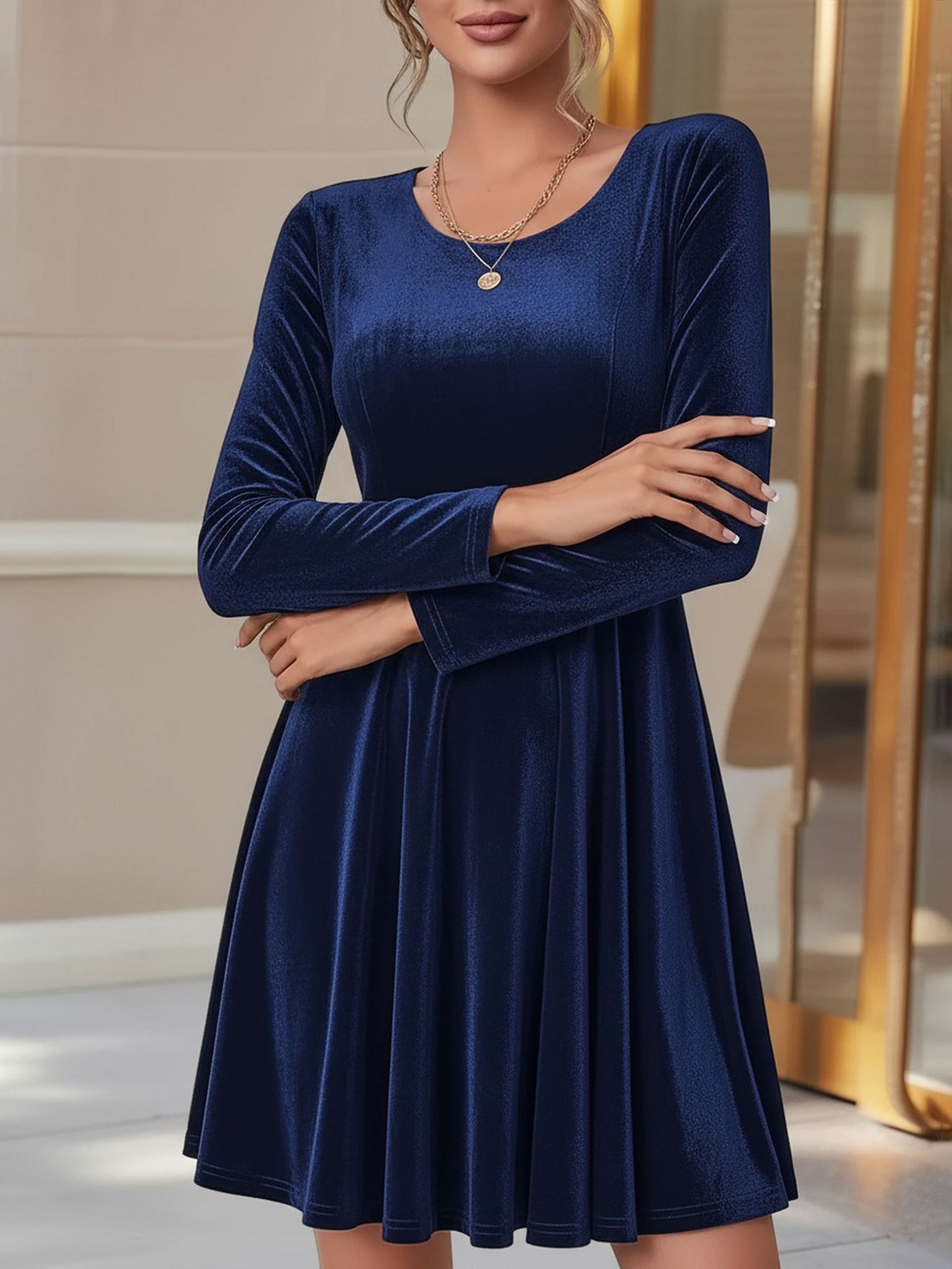 Elegant Velvet Mini Dress for Women with Round Neck Long Sleeve Flared A Line Autumn Wedding Guest Style