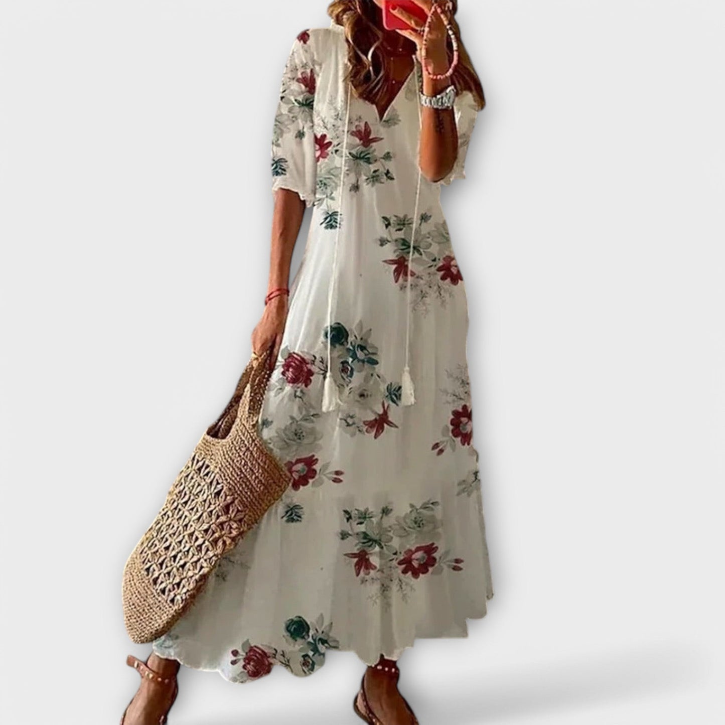 Effortless Printed Maxi Dress for Women with V Neck Short Sleeve Tassel Tie Tiered Flowing Boho Style