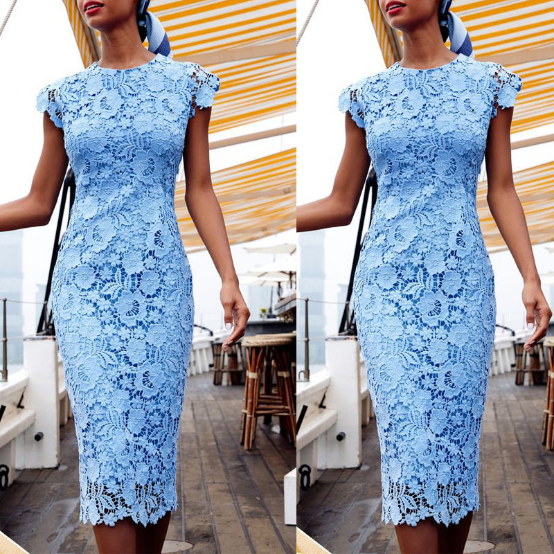 Elegant Light Blue Lace Midi Dress for Women with Round Neck Cap Sleeve Bodycon Formal Wedding Guest Style