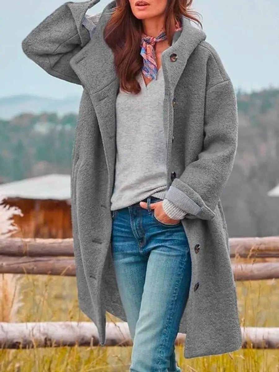 Elegant Wool Women's Long Overcoat with Hooded Button Front Full Sleeve Oversized Style