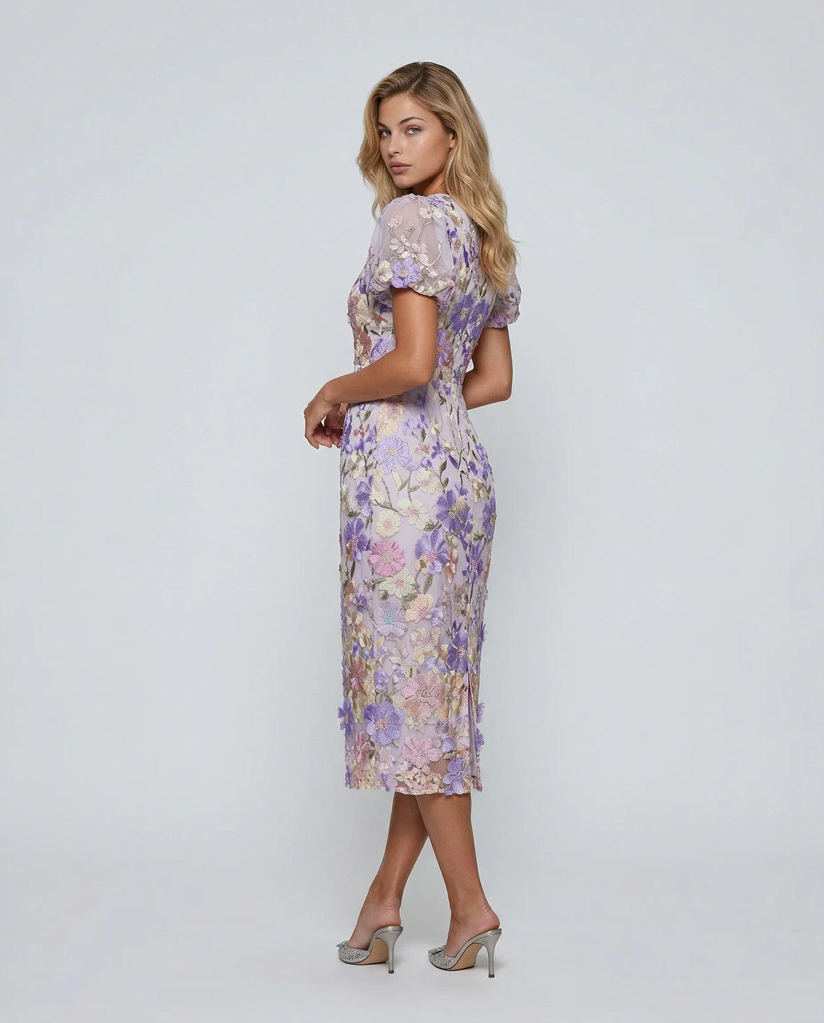 Elegant Floral Fall Wedding Guest Dress for Women with V Neck Puff Sleeve Bodycon Midi Formal Style