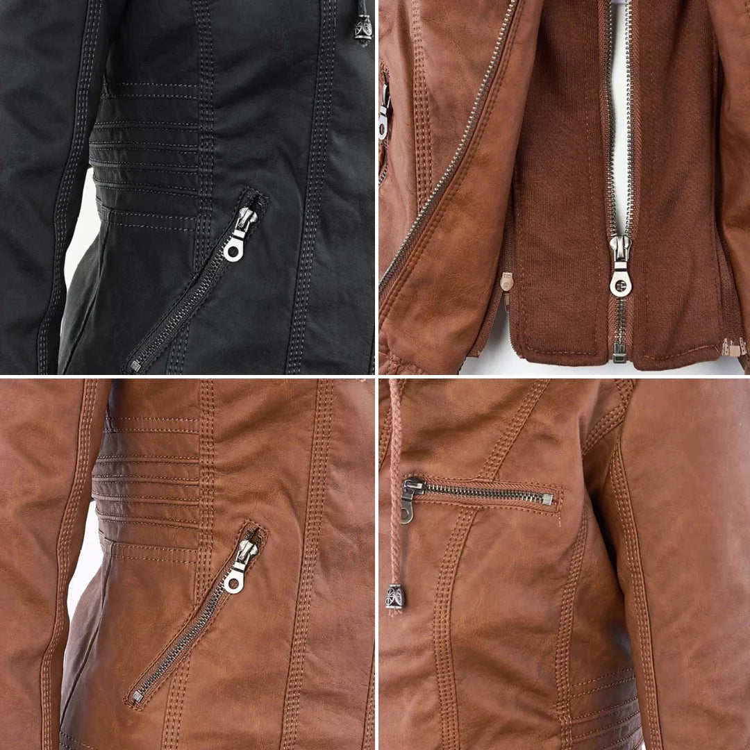Stylish Hooded Faux Leather Moto Jacket for Women with Zip Front Ribbed Cuff Fitted Biker Style