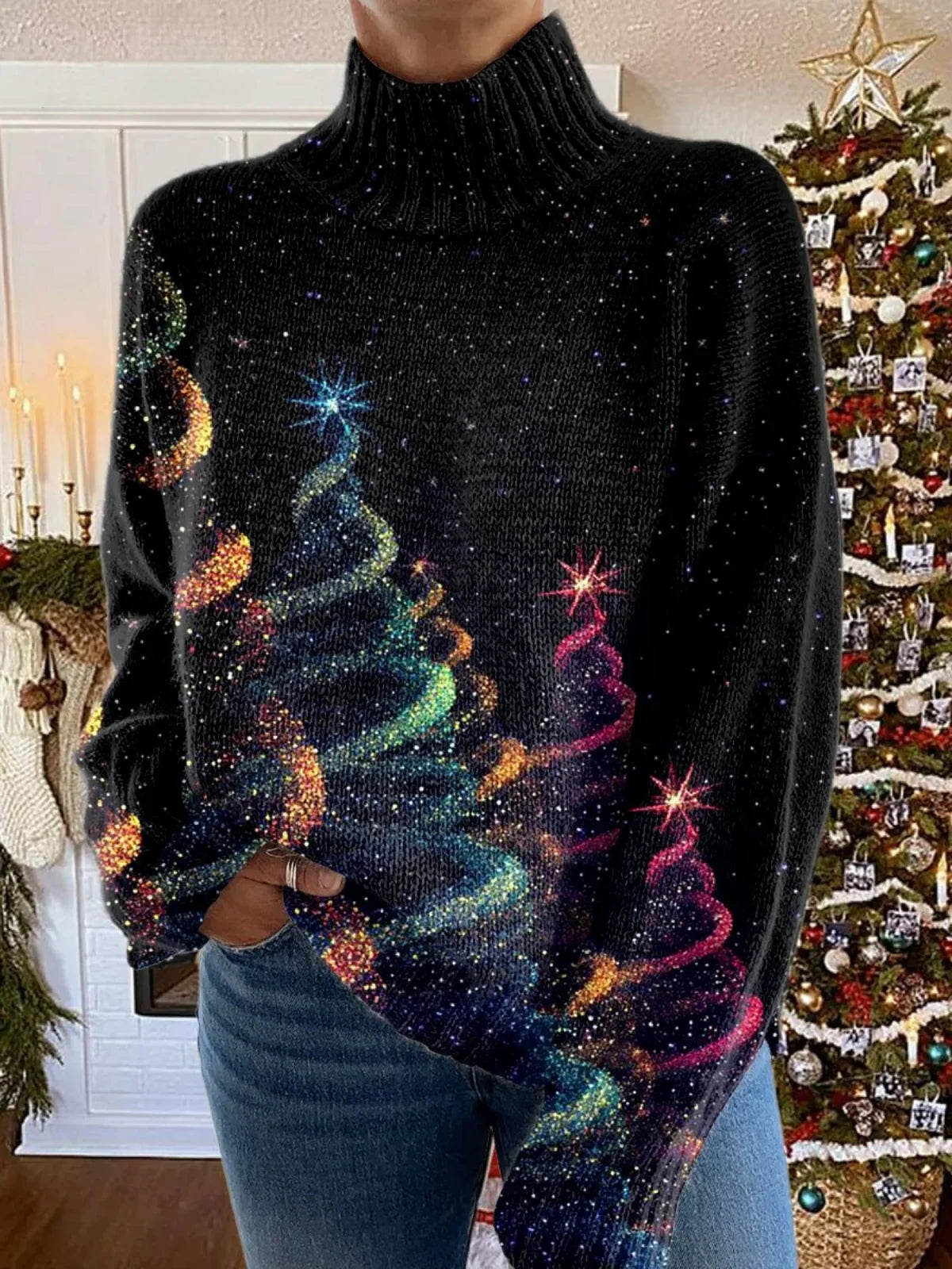 Comfortable Women's Xmas Sweater with Turtleneck Long Sleeve Glitter Tree Print Knit Style