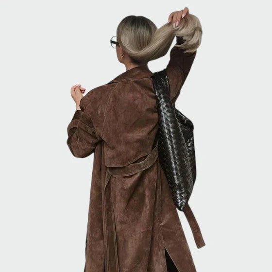 Elegant Brown Suede Trench Coat for Women with Notched Lapel Long Sleeve Belted Double Breasted Style