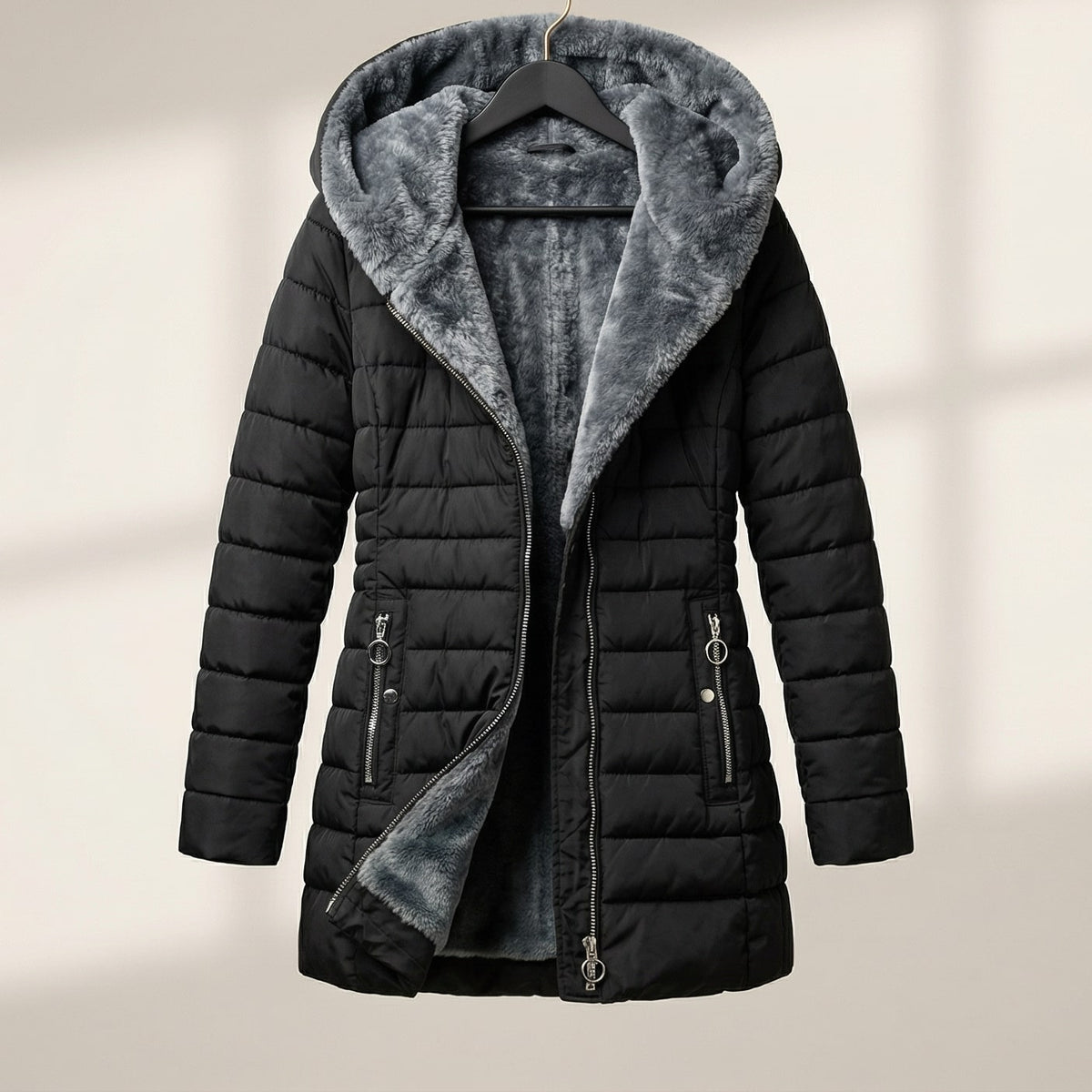 Cozy Hooded Quilted Puffer Jacket for Women with Faux Fur Lined Hood Zip Front Insulated Winter Style