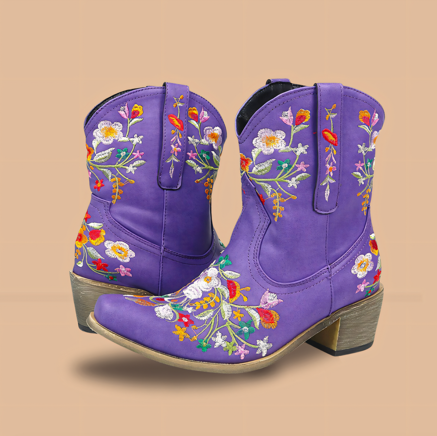 Stylish Red Floral Embroidered Cowgirl Boots for Women with Pointed Toe Block Heel Western Style