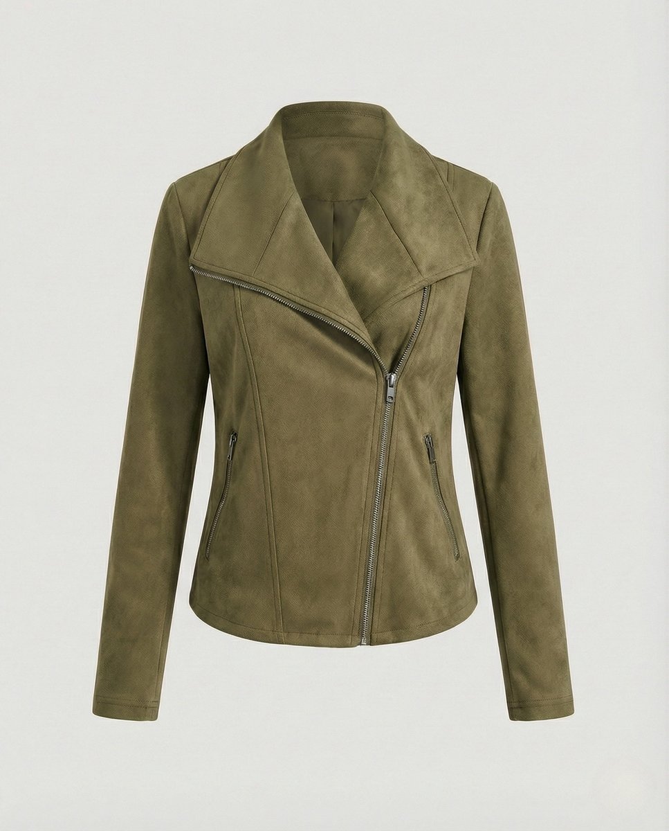 Elegant Suede Moto Jacket for Women with Wide Lapel Long Sleeve Zip Front Fitted Style