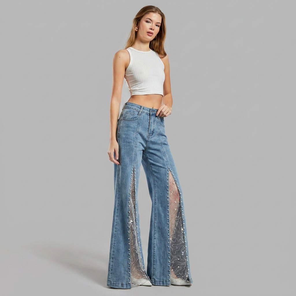 Effortless Blue Wide Leg Jeans for Women with High Waist Mesh Slit Pearl Embellished Flare Style
