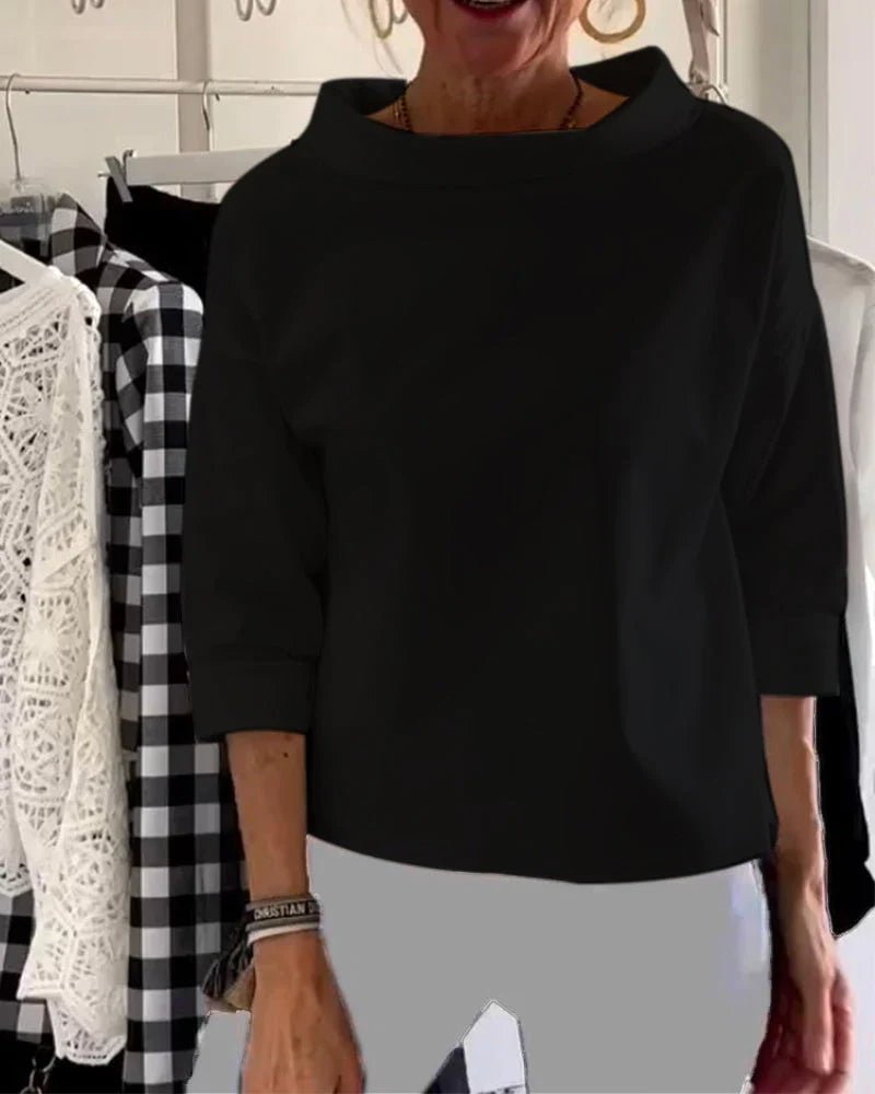 Comfortable Black Top for Women with Funnel Neck Elbow Sleeve Relaxed Boxy Style