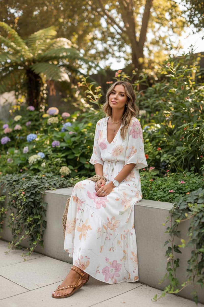 Effortless Floral Maxi Dress for Women with Boho V-Neckline Adjustable Waist Evening Gown Style
