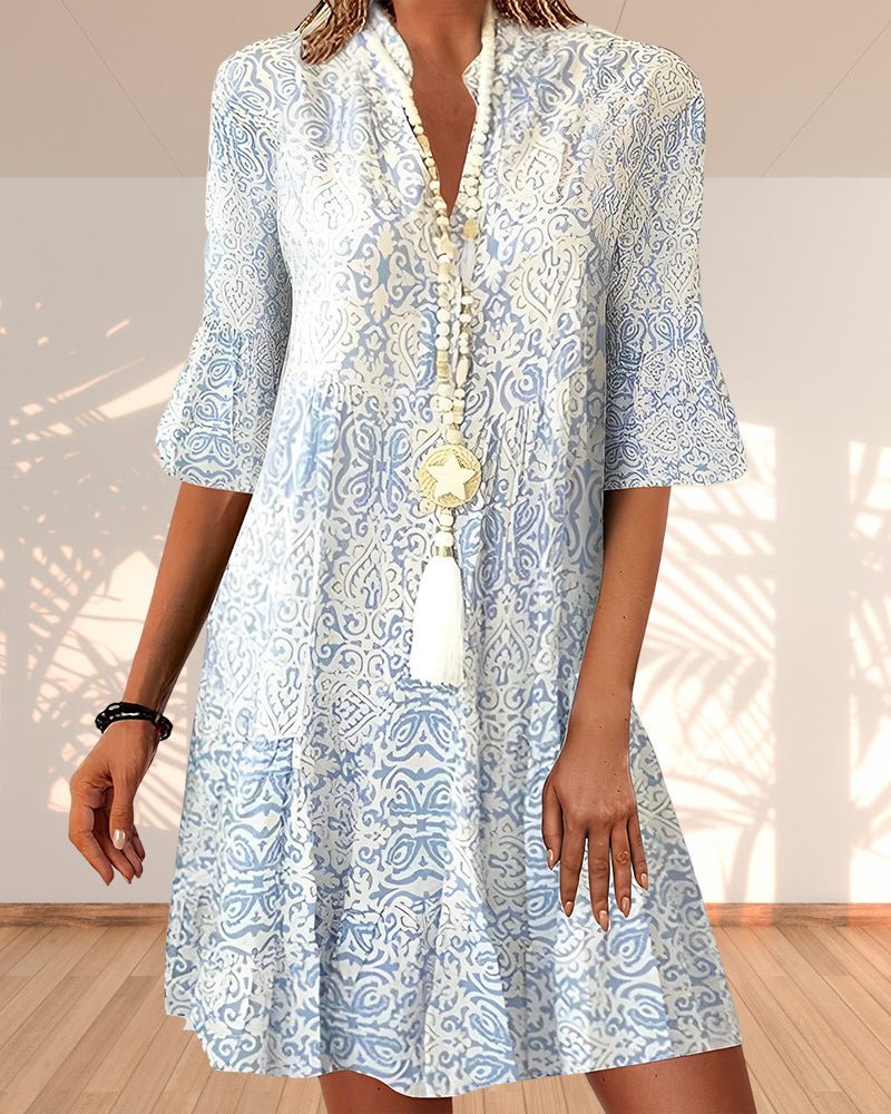 Effortless Boho Print Sundress for Women with V-Neckline Flowy A-Line Tunic Style