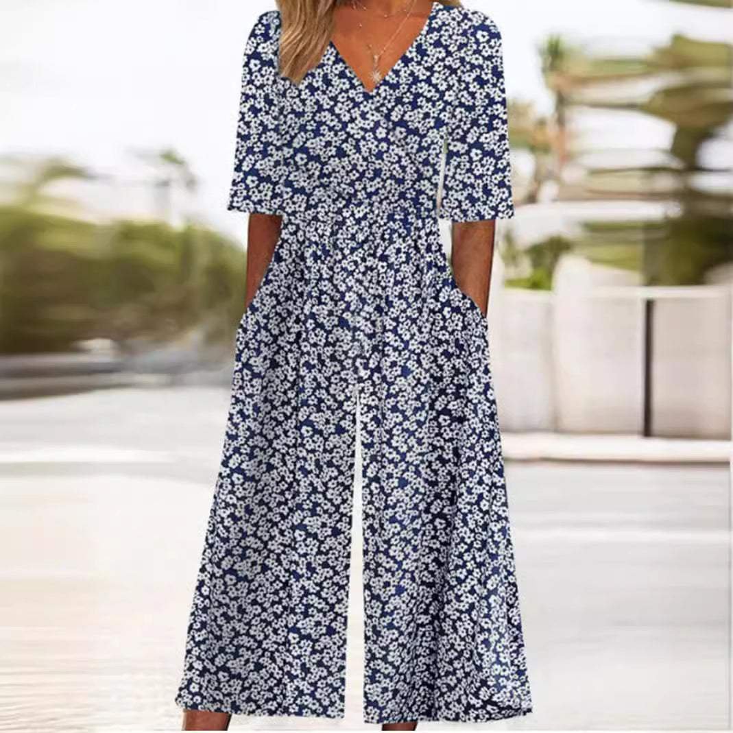 Effortless Floral Wide Leg Jumpsuit for Women with V Neck Elbow Sleeve Flowing Palazzo Style