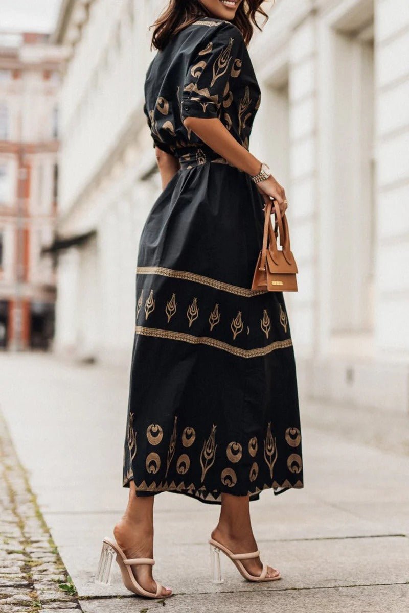 Elegant Embroidered Midi Dress for Women with V Neck Short Sleeve Belted Formal Style