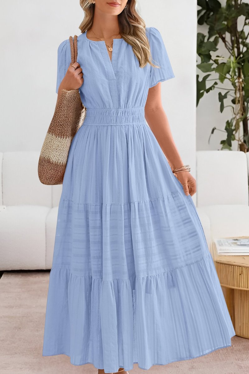 Elegant Wedding Guest Dress for Women with V Neck Short Sleeve Pleated Maxi Formal Style
