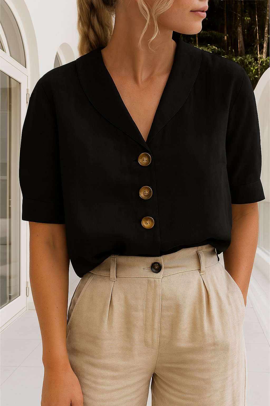 Elegant Black Top for Women with Notch Collar Short Sleeve Button Front Relaxed Style