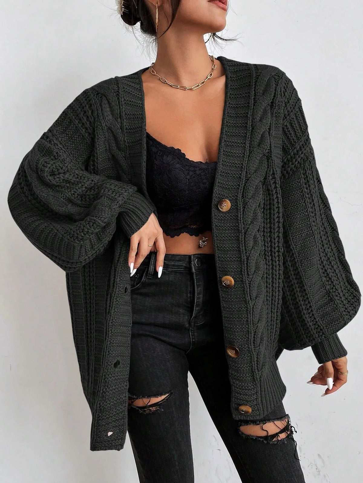 Cozy Cable Knit Cardigan for Women with V Neck Long Sleeve Button Front Oversized Style