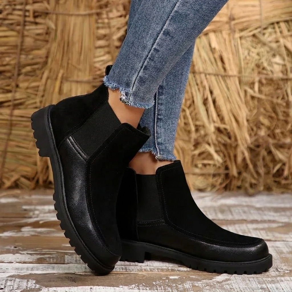 Stylish Black Boots for Women with Chelsea Ankle Lug Sole Stitch Detail Style