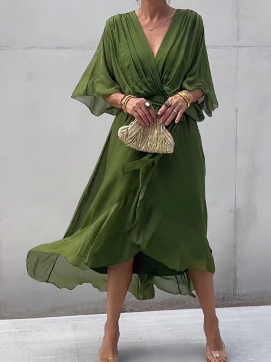 Elegant Chiffon Wrap Maxi Dress for Women with V Neck Batwing Sleeve Tie Waist Fall Wedding Guest Style