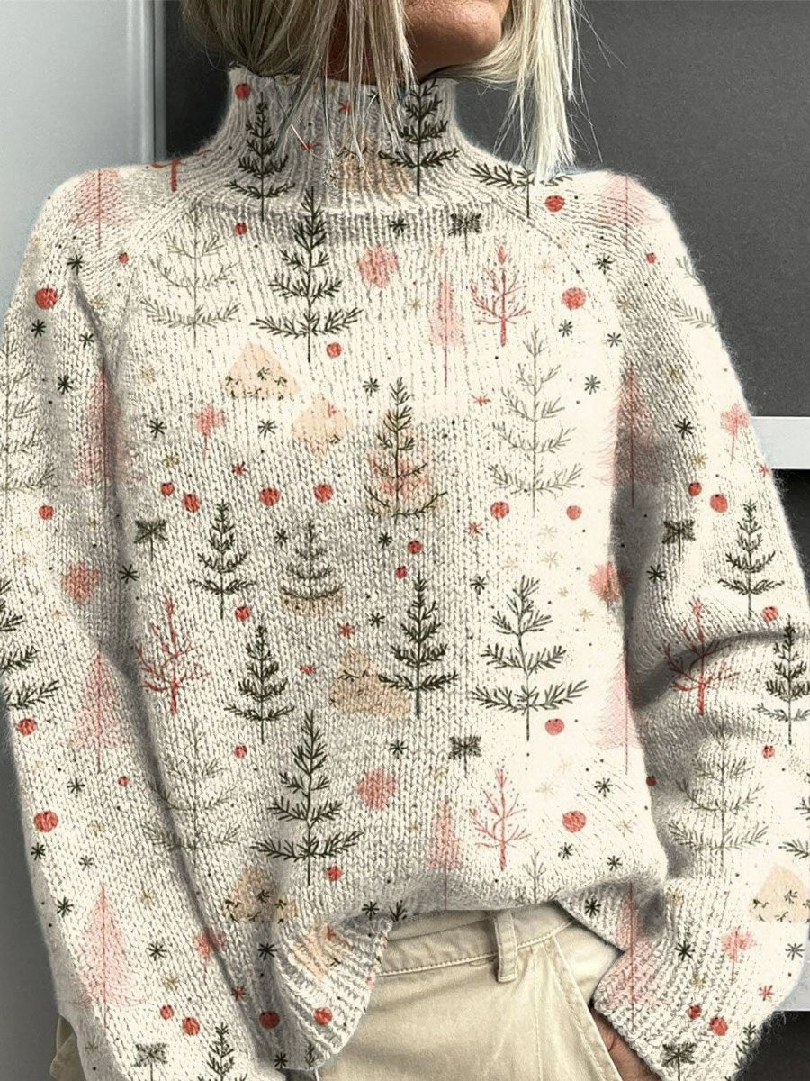 Cozy Multicolor Tree Print Women's Christmas Sweater with Turtleneck Long Sleeve Oversized Knit Style