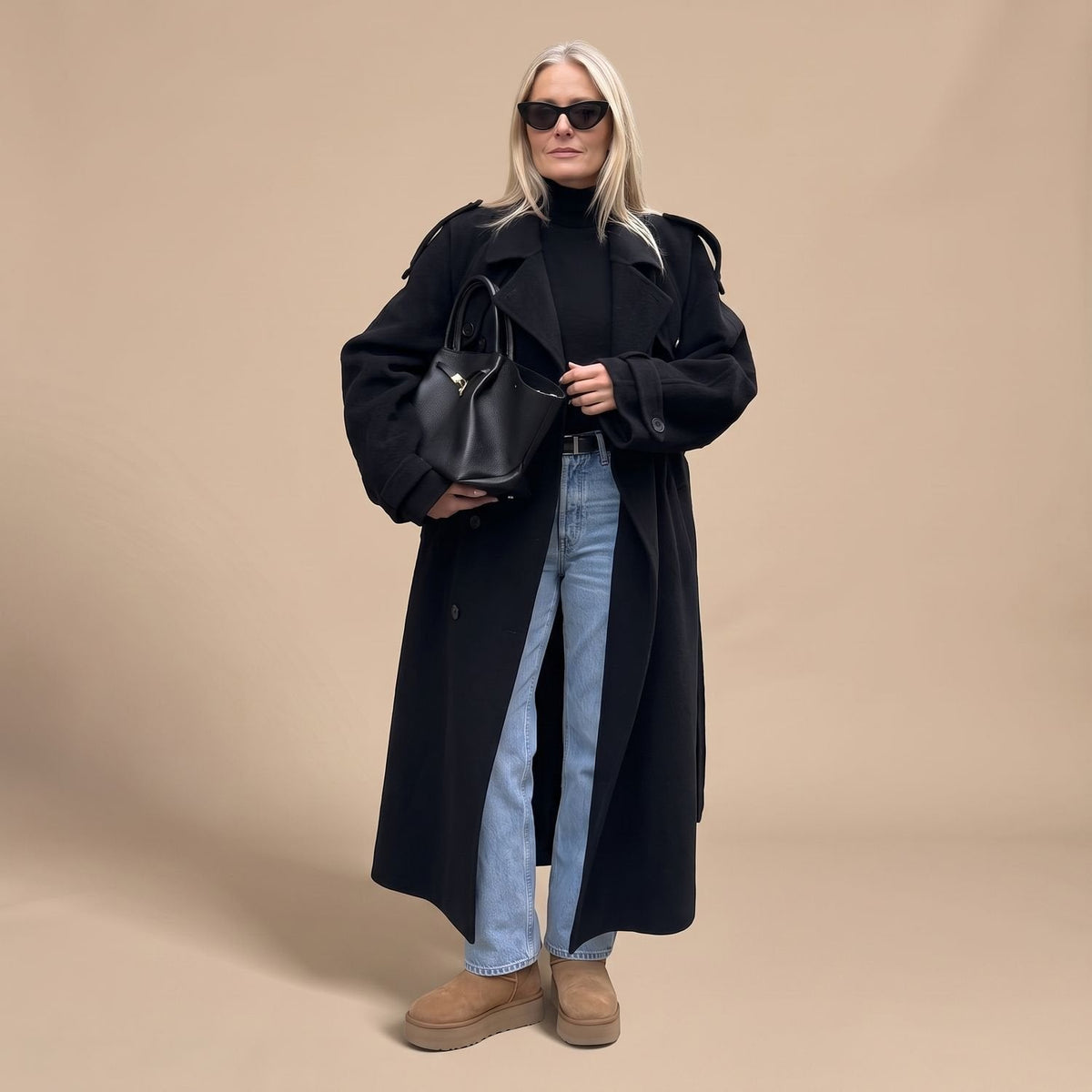 Elegant Navy Wool Trench Coat for Women with Double Breasted Belted Long Sleeve Longline Winter Style