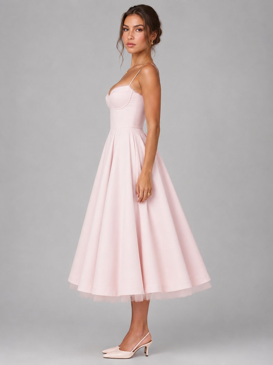 Elegant Pink Dress for Women with Sweetheart Neckline Corset Bodice Full Skirt Midi Style