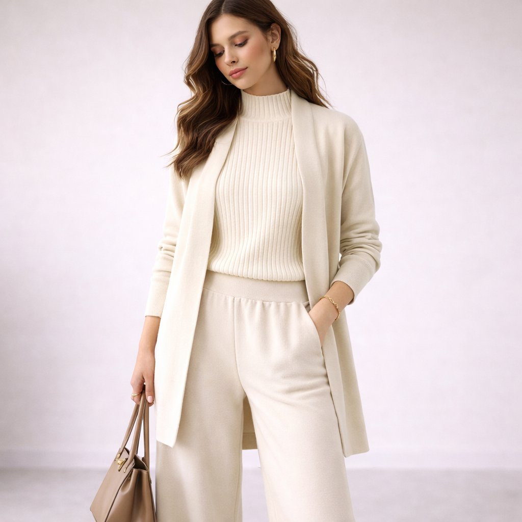 Elegant Sweater Cardigan Set for Women with Wide Leg Pants Knit Lounge Style