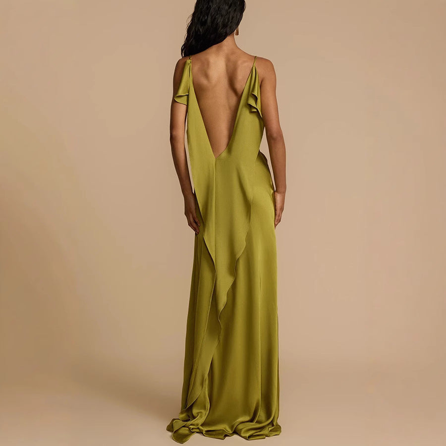 Elegant Olive Green Dress for Women with Cowl Neck Sleeveless Ruffle Trim High Slit Maxi Flowing Style