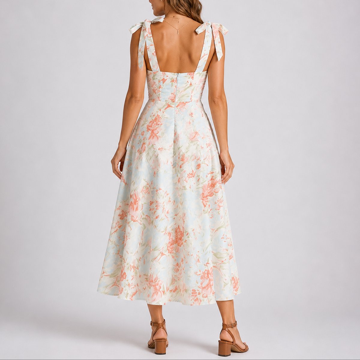 Elegant Floral Autumn Wedding Guest Dress for Women with Sweetheart Neckline Tie Strap Ruched Pleated Style