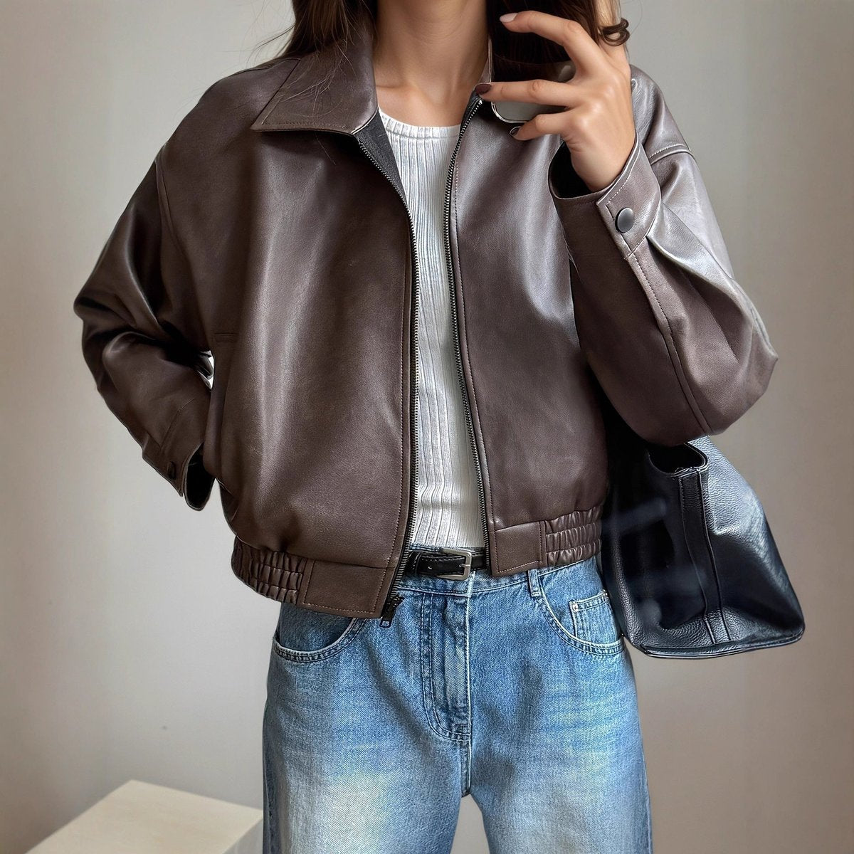 Stylish Dark Brown Leather Jacket for Women with Collar Long Sleeve Cropped Oversized Casual Style