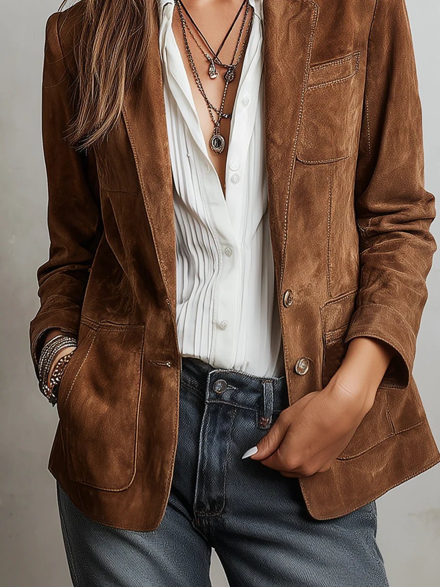 Stylish Brown Cardigan Blazer for Women with Faux Suede Tailored Single-Breasted Jacket