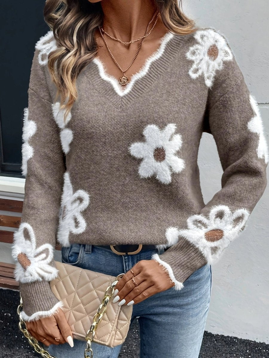 Comfortable Floral Applique Sweater for Women with V Neck Long Sleeve Scalloped Trim Oversized Knit Style