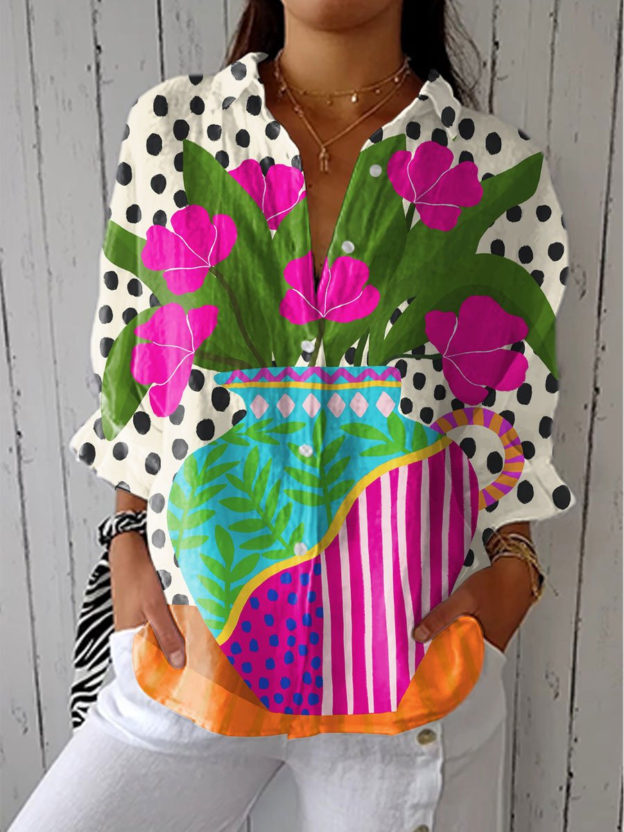 Effortless Multicolor Floral Print Shirt for Women with Collar Long Sleeve Button Front Relaxed Style