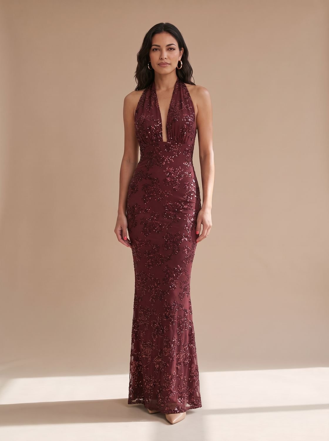Elegant Floral Sequin Wedding Guest Gown for Women with Halter Deep-V Floor-Length Fall Formal Style