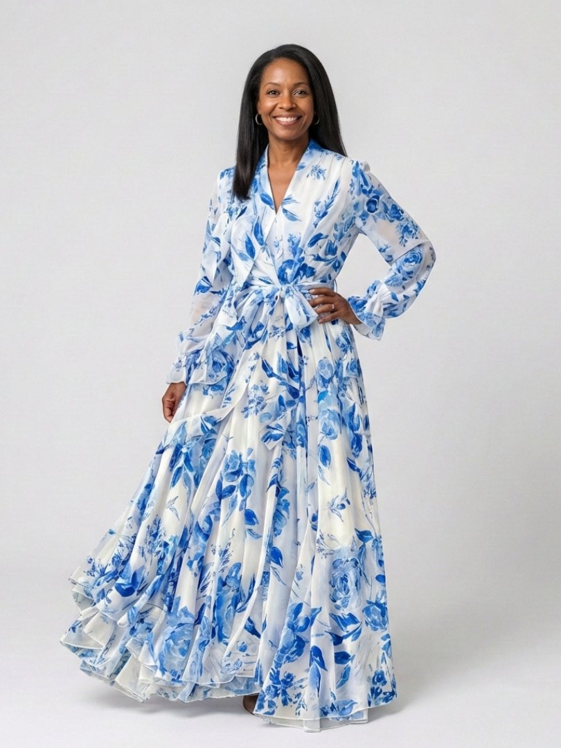 Elegant Wedding Guest Dress for Women with V Neck Long Sleeve Floral Wrap Maxi Formal Style