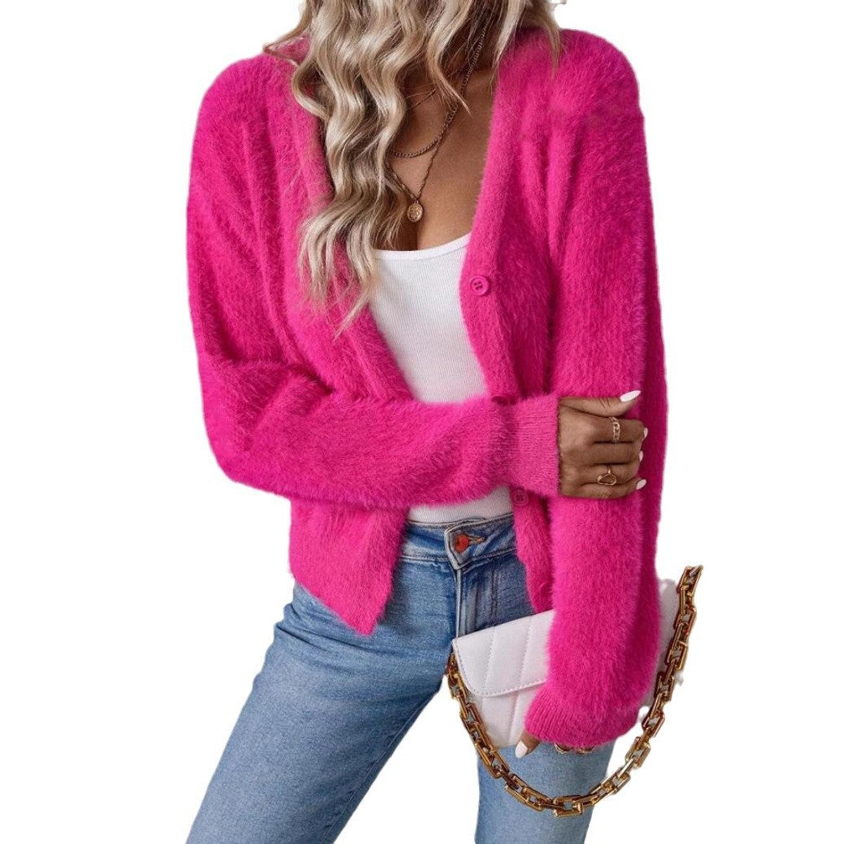 Chic Pink Cardigan for Women with V Neck Long Sleeve Fluffy Knit Button Front Style