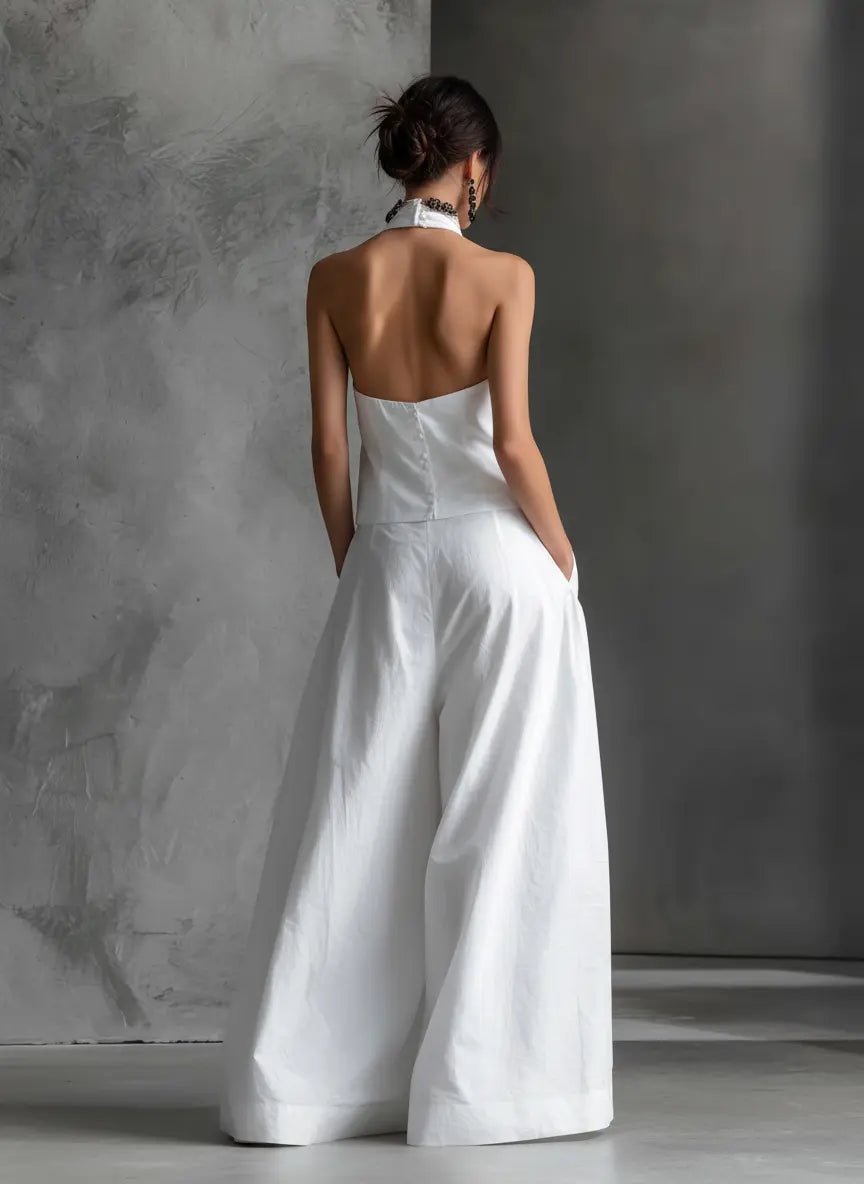 Elegant White Cotton Halter Top Two Piece Set for Women with Wide Leg Maxi Skirt Flowing Style