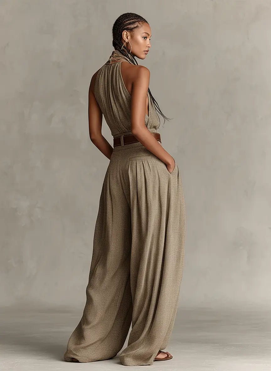 Elegant Taupe Jumpsuit for Women with Halter Neck Wide Leg Belted Relaxed Formal Style