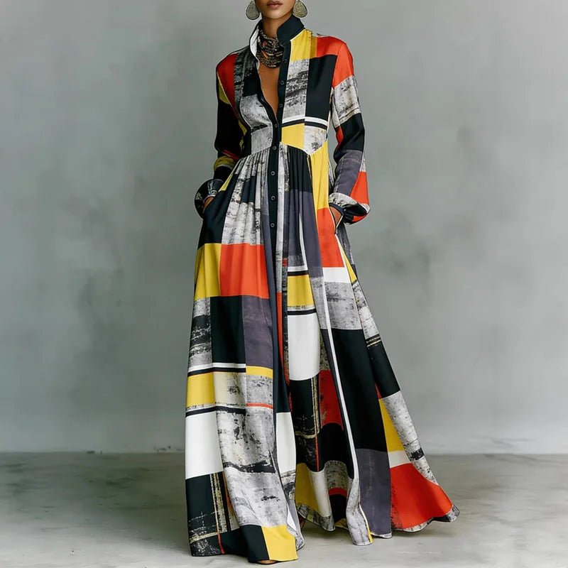 Effortless Printed Maxi Shirt Dress for Women in High Waist Long Sleeve Style