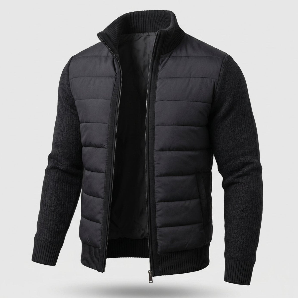 Cozy Hybrid Quilted Jacket for Men with Stand Collar Long Sleeve Knit Sleeve Full-Zip Winter Style