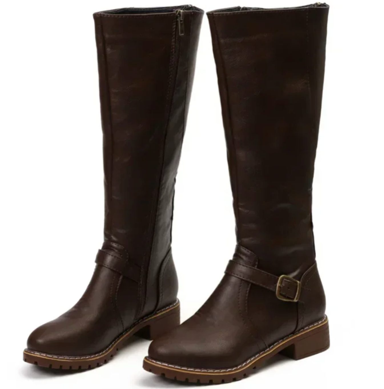 Elegant Brown Boots for Women with Knee High Buckle Strap Side Zip Riding Style