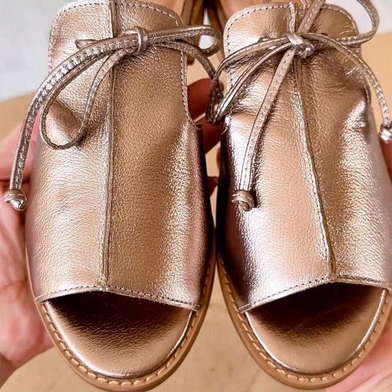 Elegant Champagne Sandals for Women with Leather Strap Adjustable Bow Tie Open Toe Style