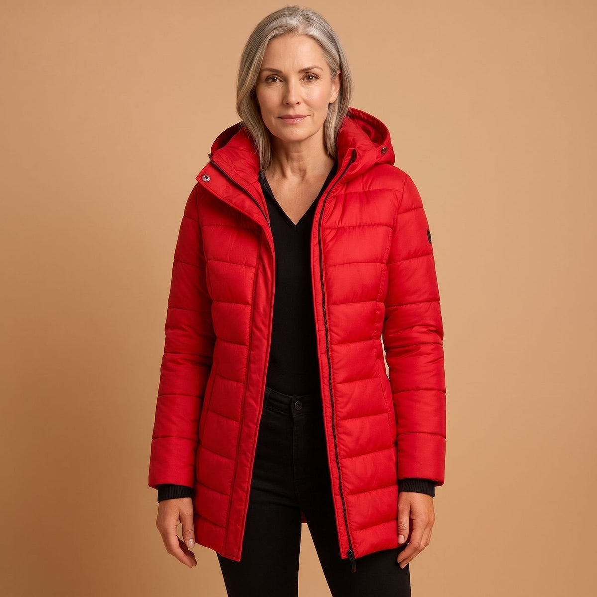 Cozy Black Puffer Jacket for Women with Hooded Collar Zip Up Quilted Lightweight Winter Style