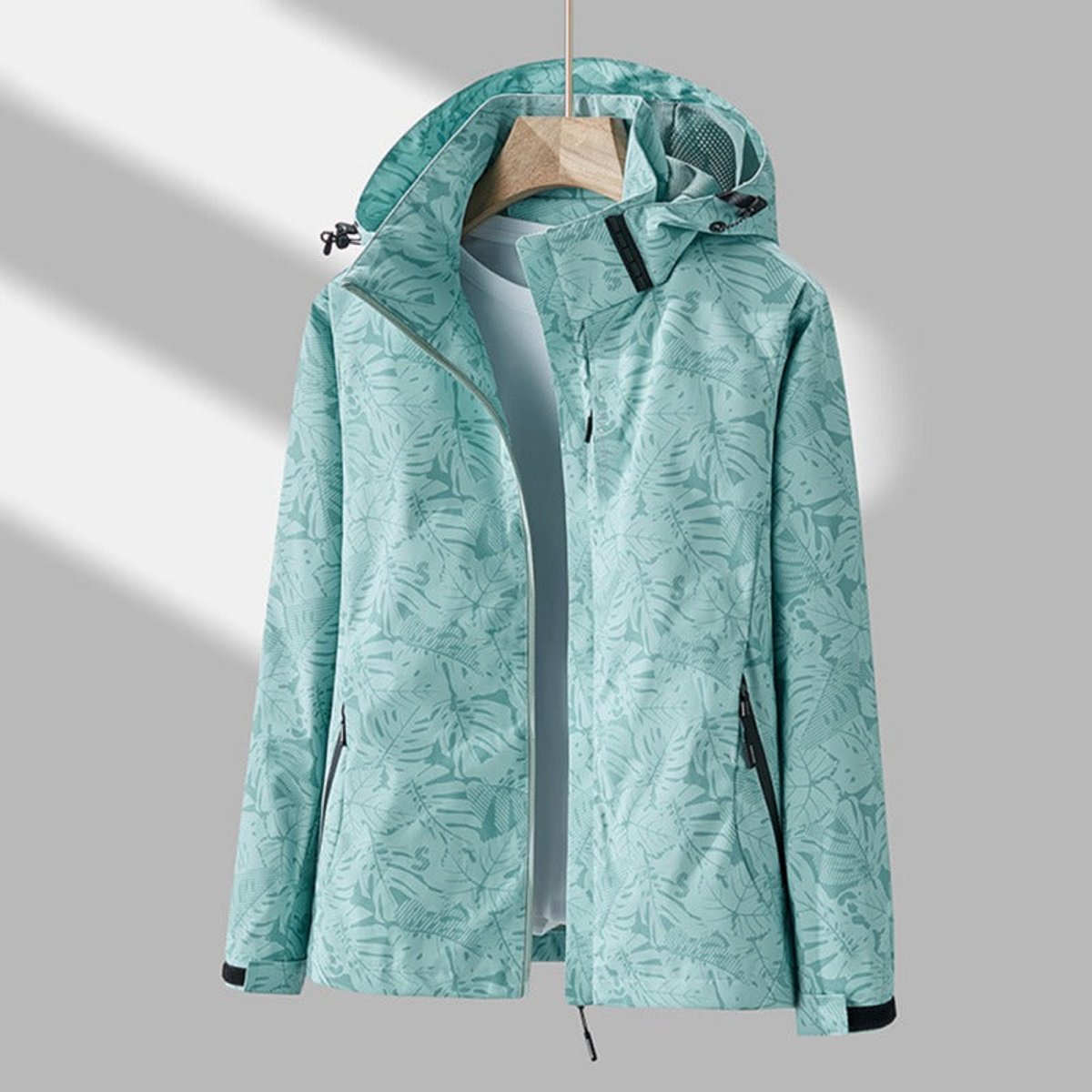 Stylish Tropical Leaf Print Hooded Jacket for Women with Zip Up Long Sleeve Zippered Pocket Outdoor Style