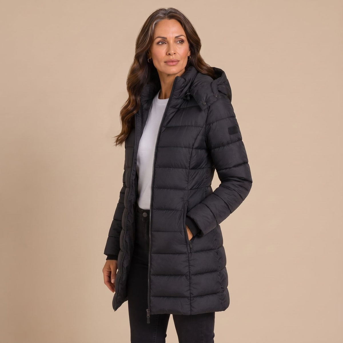 Cozy Navy Puffer Jacket for Women with Hooded Collar Zip Up Quilted Longline Winter Coat Style