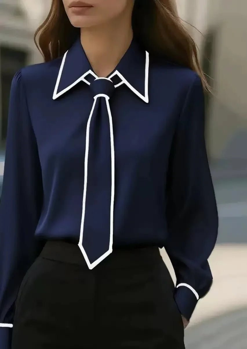 Stylish Blouses for Women with Long Sleeve Contrast Trim Tie Neck Button-Down