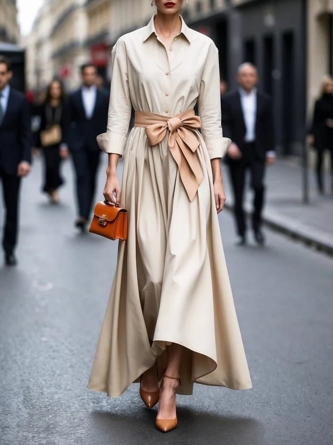 Elegant Satin Maxi Dress for Women with Collared Neck Long Sleeve Belted Formal Style